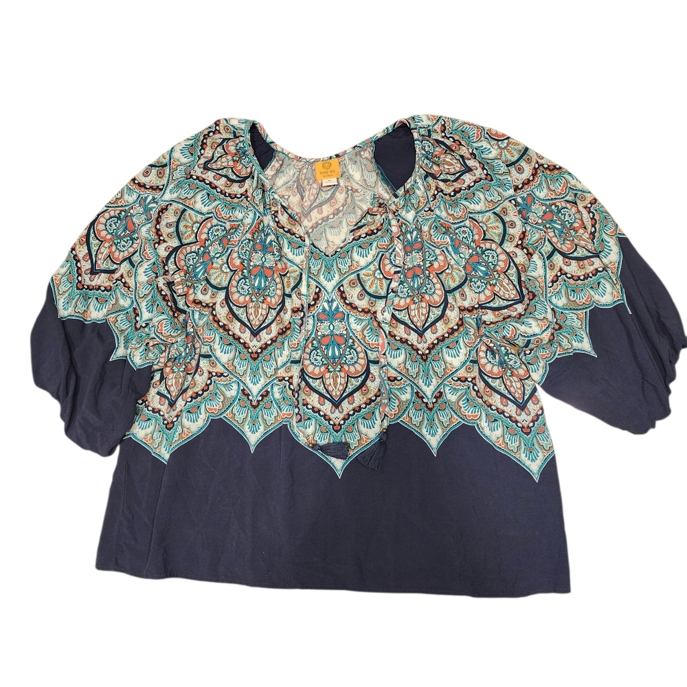 Ruby‎ Rd Plus Size 3X Top Red White Blue Paisley V Neck Stretch Knit Puff Sleeve